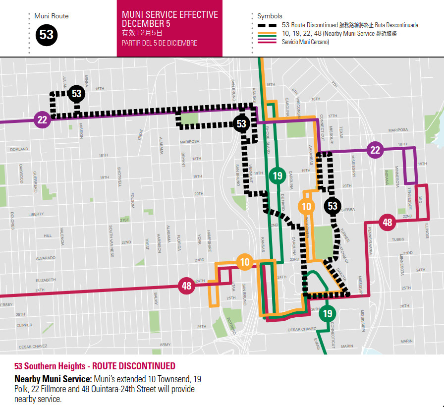 Discontinued during a budget crunch in 2009 and never replaced, the 53 Southern Heights used to connect significantly more of Potrero Hill to transit. Image by SFMTA.