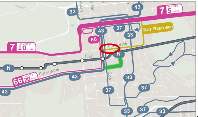 A map misstates the 6 route in Cole Valley/Ashbury Heights. Image by SFMTA, marked up to show the error by me.