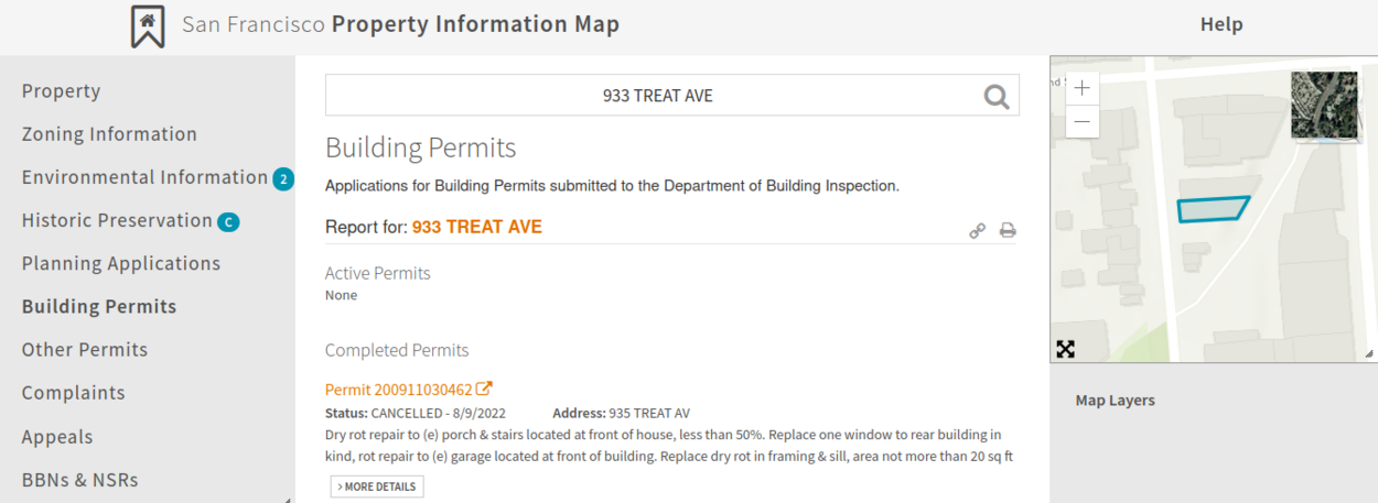 The San Francisco Property Information Map website shows no active permits for 933 Treat Ave.