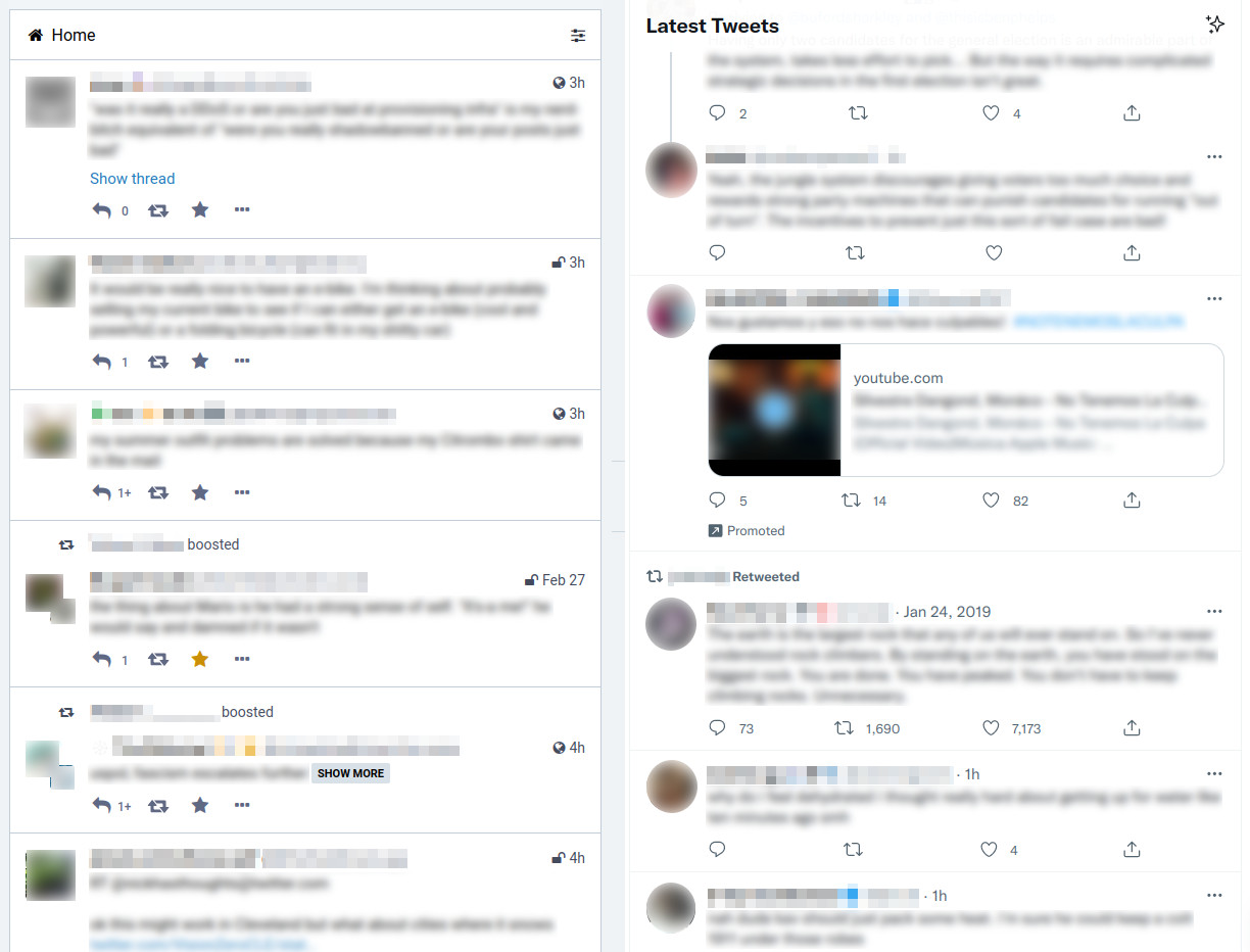 At left, the Mastodon timeline shows no metrics except for 0, 1, or 1+ replies. At right, the Twitter timeline shows a count of replies, likes, and retweets on every tweet.