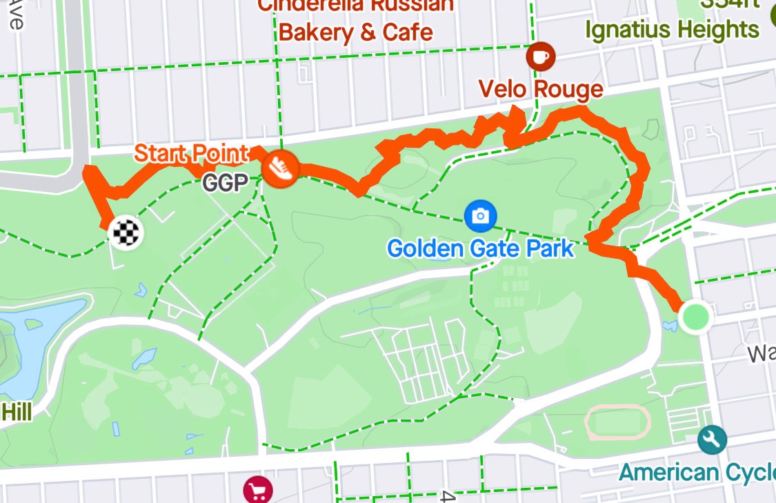 Map of a hiking route from Haight & Stanyan, northwest across
Kezar Drive, turning northeast onto the Phil Arnold Trail near the JFK
and Conservatory East intersection, curving west, and ending on the
JFK Promenade south of where Crossover Drive exits the park.