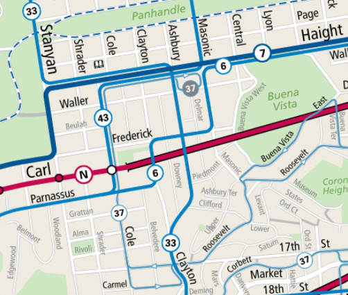 Pre-Covid service shows the 6 snaking through Ashbury Heights on Parnassus, Clayton and Frederick before dropping down via Masonic to join the 7 on Haight. Image by SFMTA.